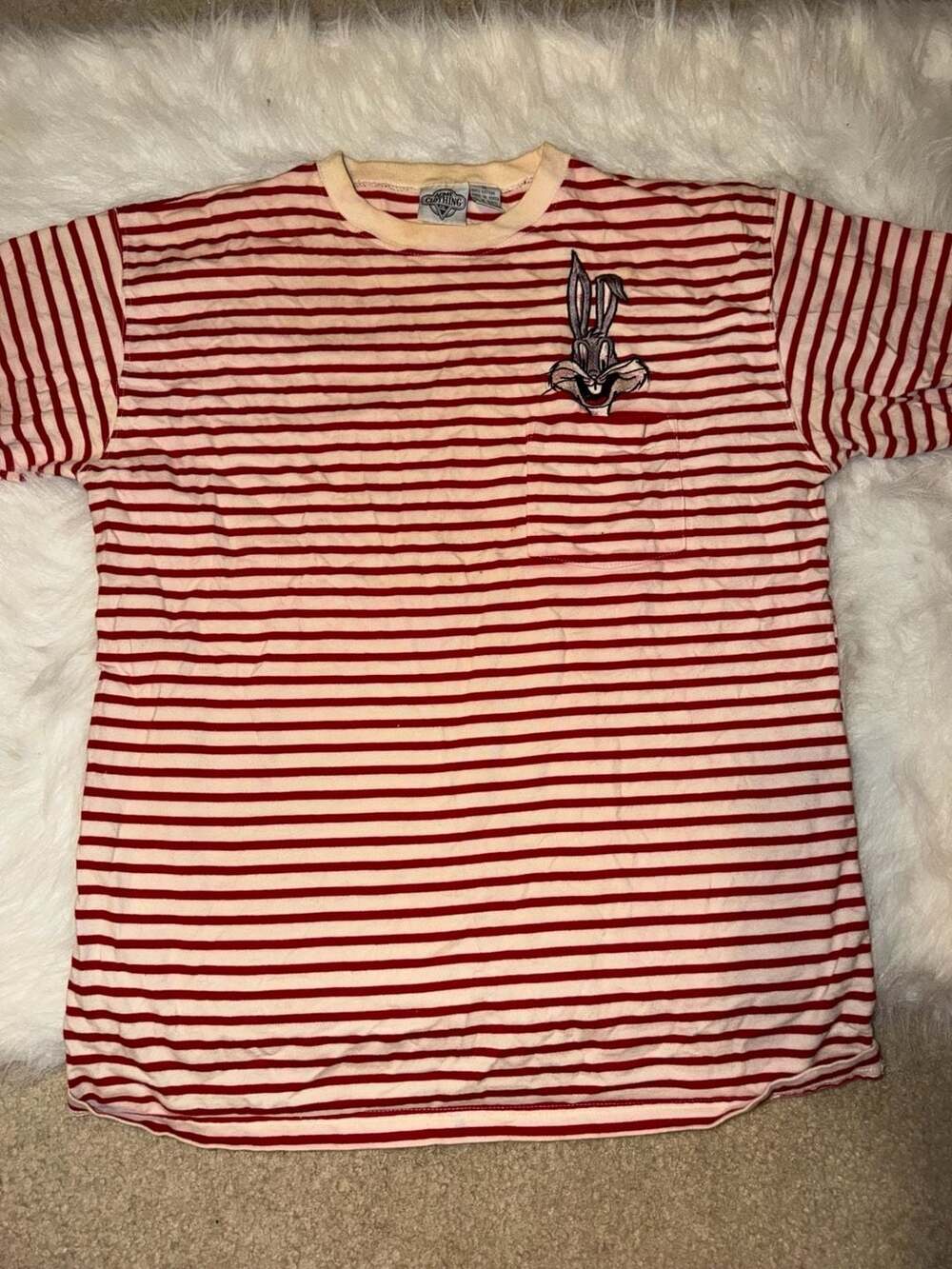 Vintage 1992 Acme Clothing Bugs Bunny Red and White Striped Pocket T-Shirt Mediu